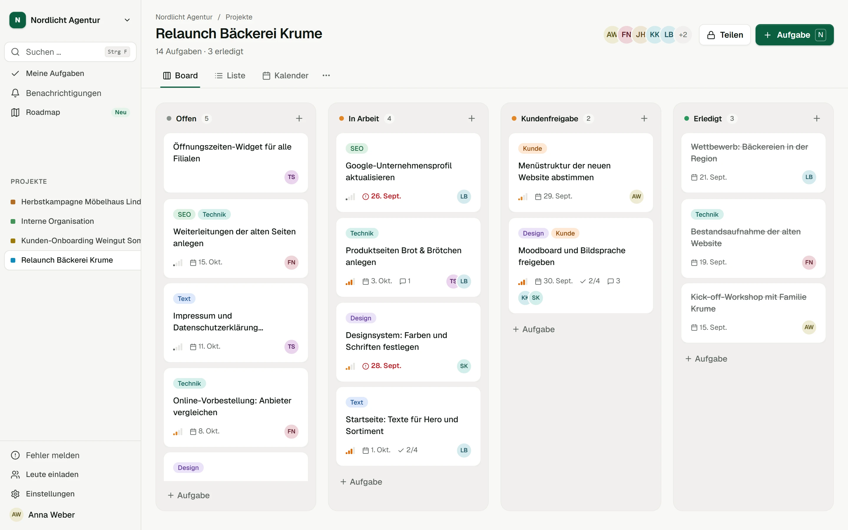 Board des Projekts „Relaunch Bäckerei Krume“ in kanvity mit den Spalten Offen, In Arbeit, Kundenfreigabe und Erledigt.